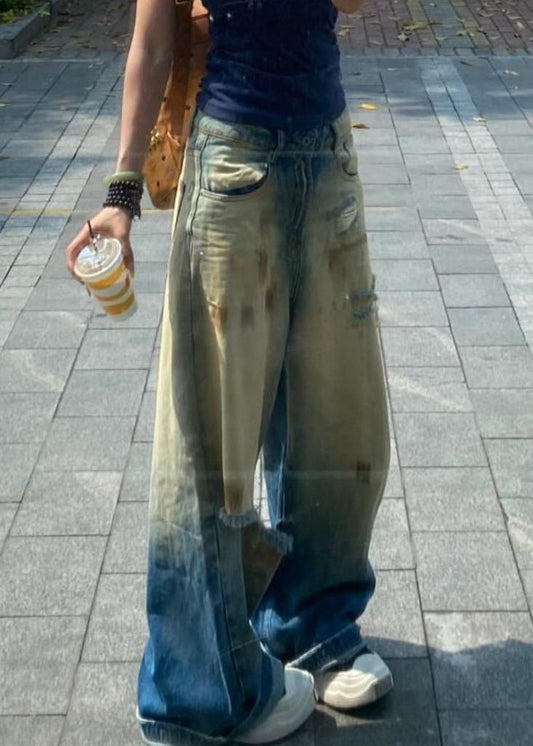 Retro Gradient Color Hole High Waist Denim Pants Summer Pp014