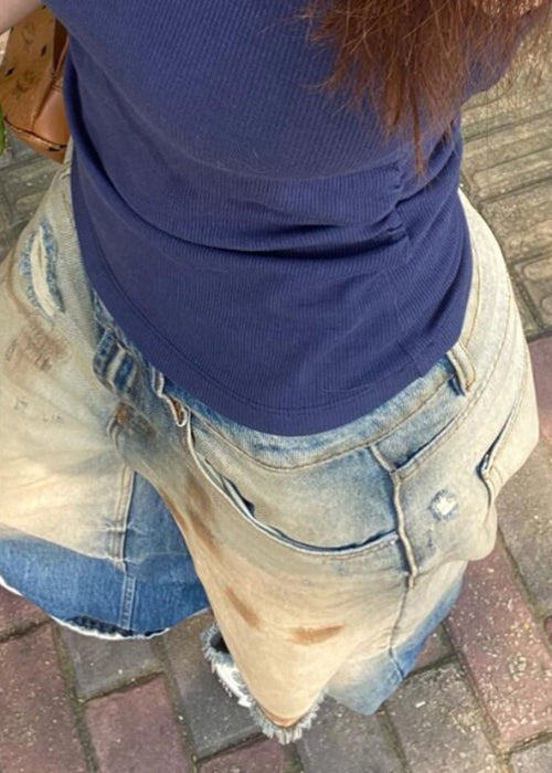 Retro Gradient Color Hole High Waist Denim Pants Summer Pp014