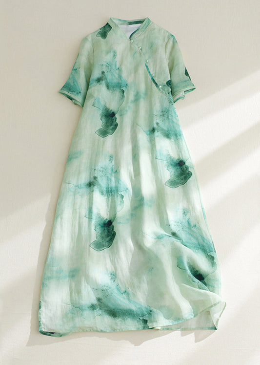 Retro Green Print Button Maxi Dresses Summer Vv023
