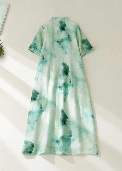 Retro Green Print Button Maxi Dresses Summer Vv023