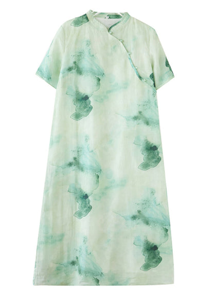 Retro Green Print Button Maxi Dresses Summer Vv023