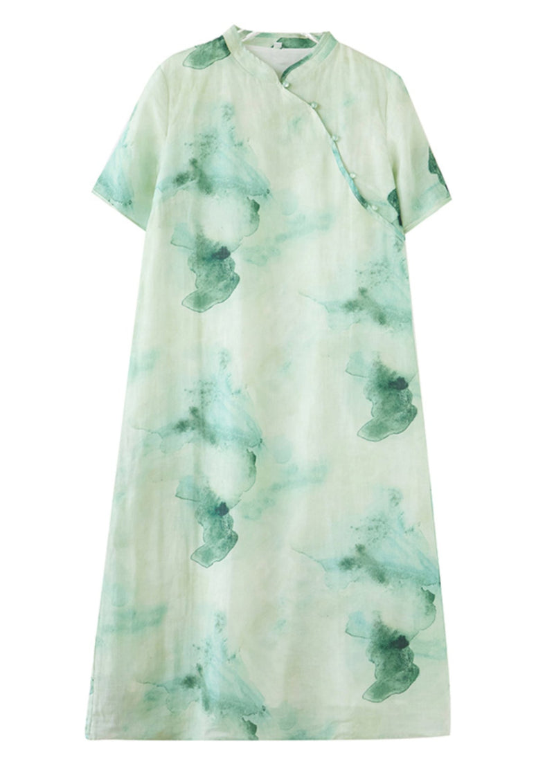 Retro Green Print Button Maxi Dresses Summer Vv023
