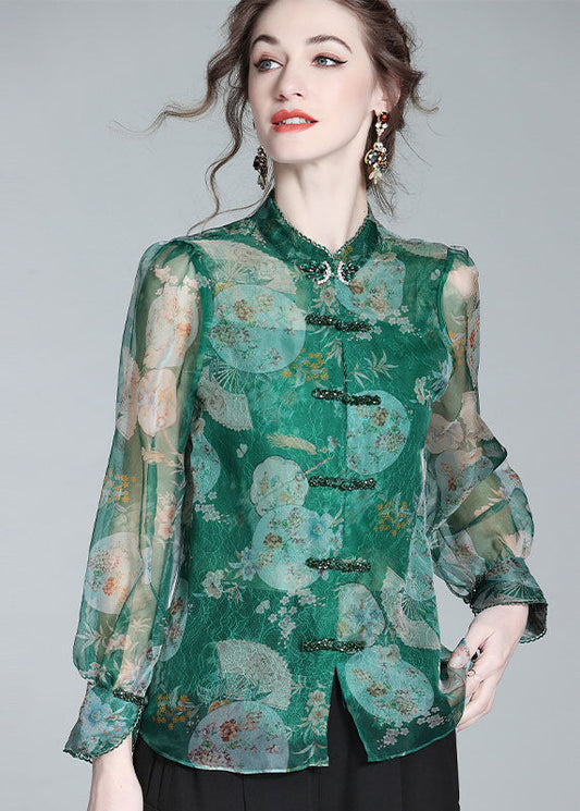 Retro Green Print Patchwork Zircon Chinese Button Silk Blouse Top Spring Ly0151