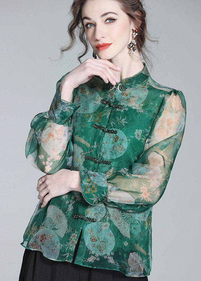 Retro Green Print Patchwork Zircon Chinese Button Silk Blouse Top Spring Ly0151