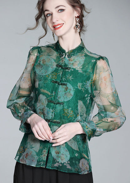 Retro Green Print Patchwork Zircon Chinese Button Silk Blouse Top Spring Ly0151
