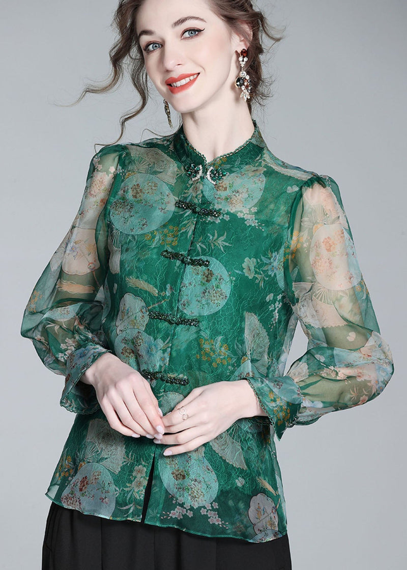 Retro Green Print Patchwork Zircon Chinese Button Silk Blouse Top Spring Ly0151
