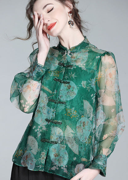 Retro Green Print Patchwork Zircon Chinese Button Silk Blouse Top Spring Ly0151