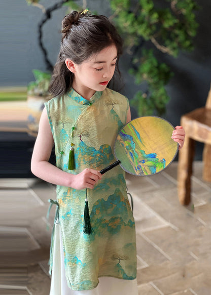Retro Green Stand Collar Print Tie Waist Kids Maxi Dress Short Sleeve Mn030