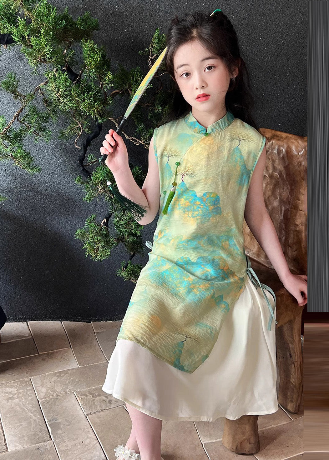 Retro Green Stand Collar Print Tie Waist Kids Maxi Dress Short Sleeve Mn030