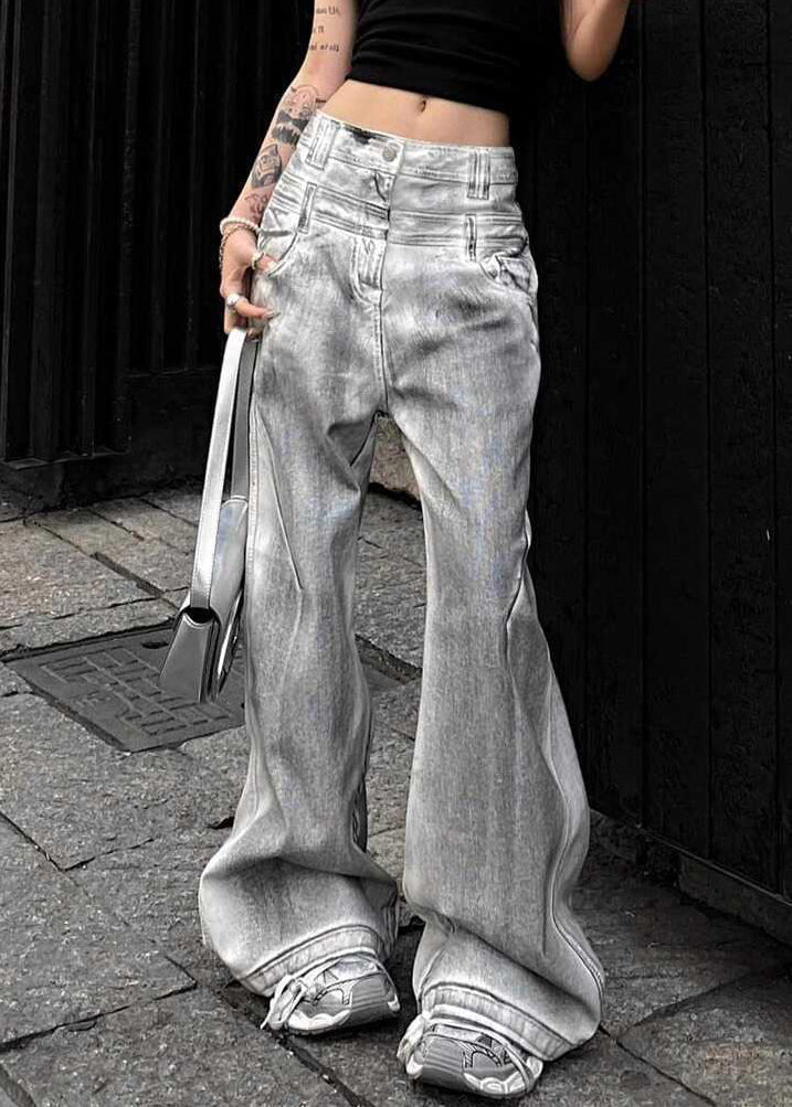 Retro Grey Button High Waist Denim Pants Fall Qf053