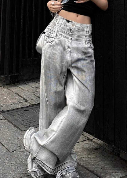Retro Grey Button High Waist Denim Pants Fall Qf053