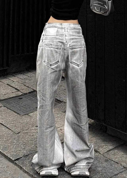 Retro Grey Button High Waist Denim Pants Fall Qf053