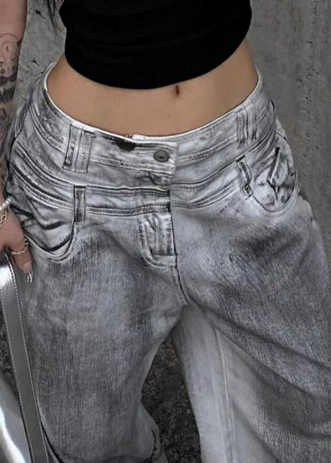 Retro Grey Button High Waist Denim Pants Fall Qf053