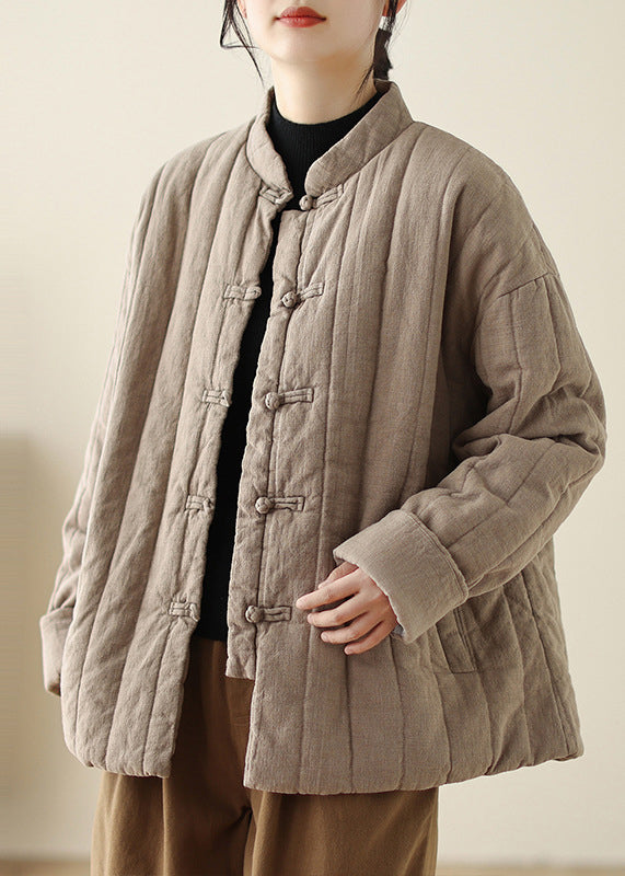 Retro Khaki Stand Collar Oriental Button Fine Cotton Filled Coat Winter Tz044