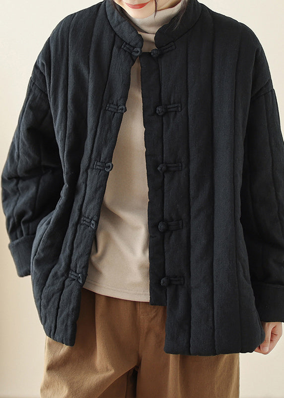 Retro Khaki Stand Collar Oriental Button Fine Cotton Filled Coat Winter Tz044