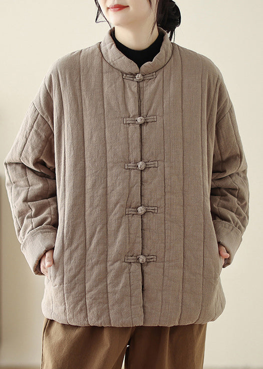 Retro Khaki Stand Collar Oriental Button Fine Cotton Filled Coat Winter Tz044