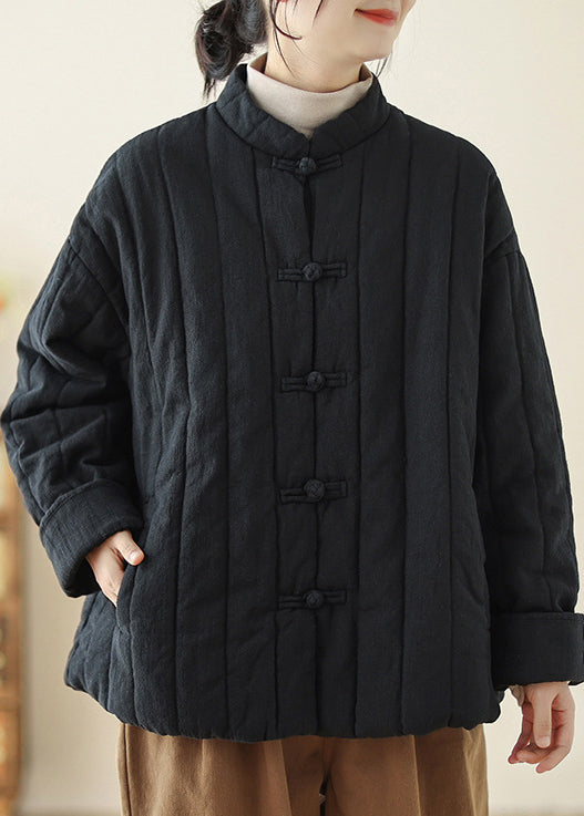 Retro Khaki Stand Collar Oriental Button Fine Cotton Filled Coat Winter Tz044