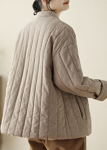 Retro Khaki Stand Collar Oriental Button Fine Cotton Filled Coat Winter Tz044