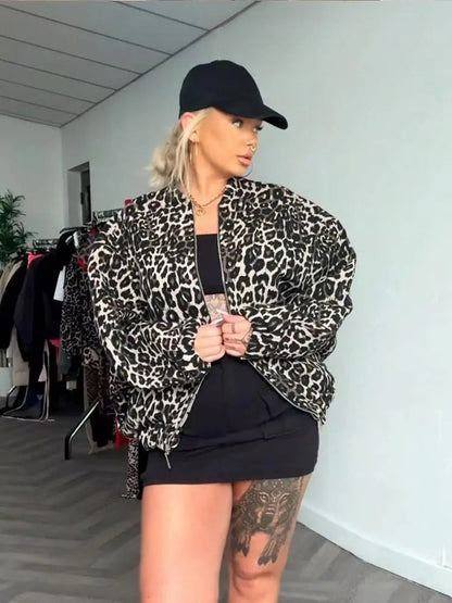 Retro Leopard Print Cotton Autumn O-neck Long Sleeve Zipper Warm Coat