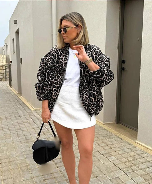 Retro Leopard Print Cotton Autumn O-neck Long Sleeve Zipper Warm Coat