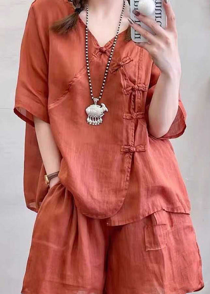Retro Light Brown Chinese Button Tops and Shorts Cotton Two Pieces Set Summer Qk016