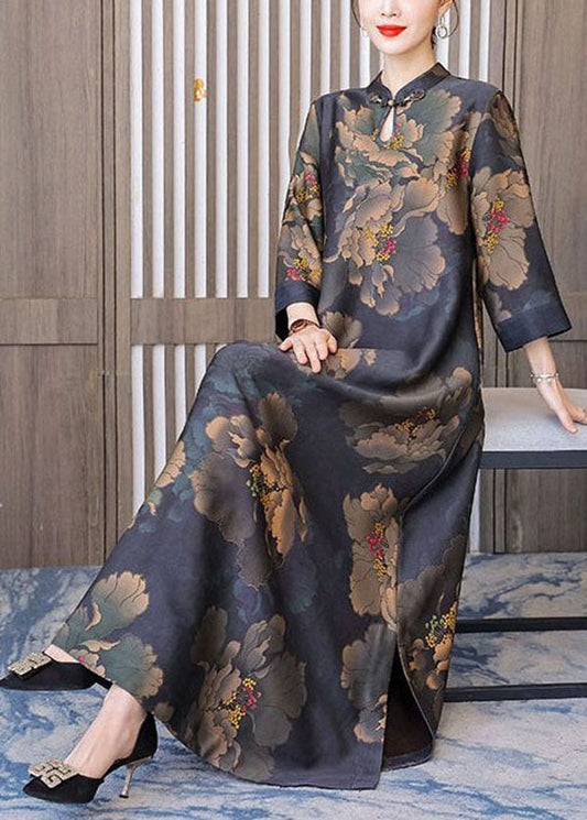 Retro Mandarin Collar Print Silk Long Dresses Caftan Spring Ly1707