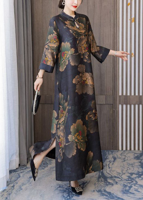 Retro Mandarin Collar Print Silk Long Dresses Caftan Spring Ly1707