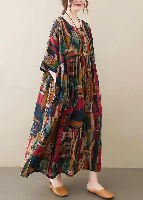 Retro O-neck Print Party Maxi Dress Half Sleeve Ac2058