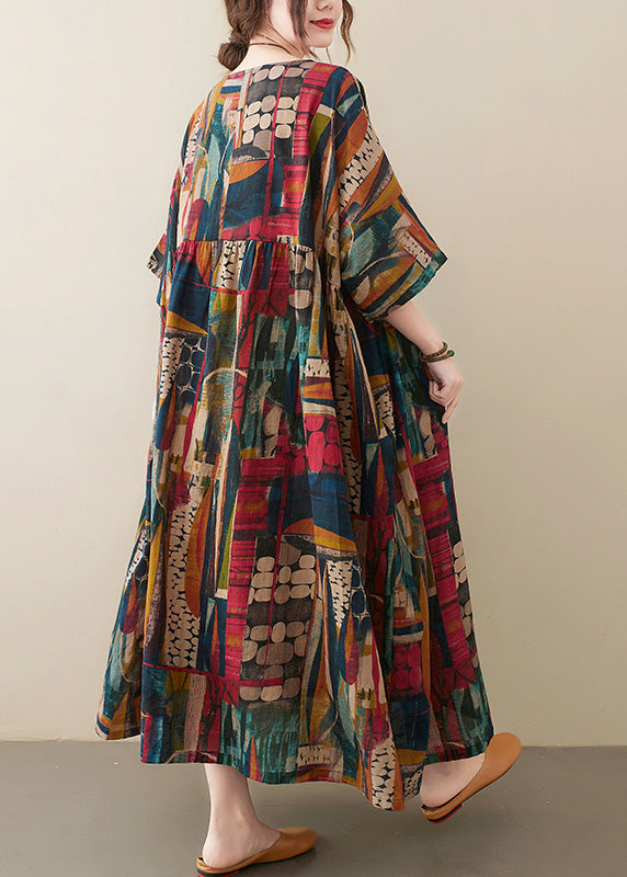 Retro O-neck Print Party Maxi Dress Half Sleeve Ac2058