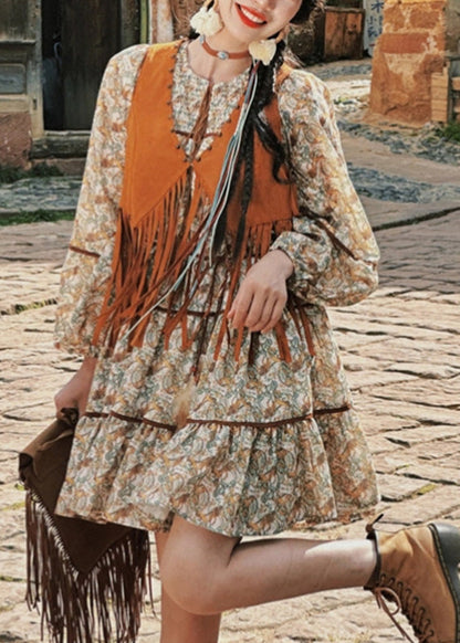 Waistcoat Pieces Two Long Tassel Dress and Patchwork Set Retro