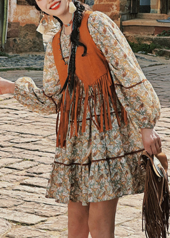 Waistcoat Pieces Two Long Tassel Dress and Patchwork Set Retro