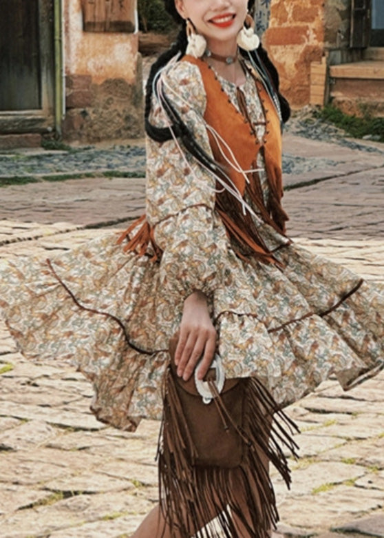 Waistcoat Pieces Two Long Tassel Dress and Patchwork Set Retro