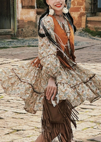 Waistcoat Pieces Two Long Tassel Dress and Patchwork Set Retro