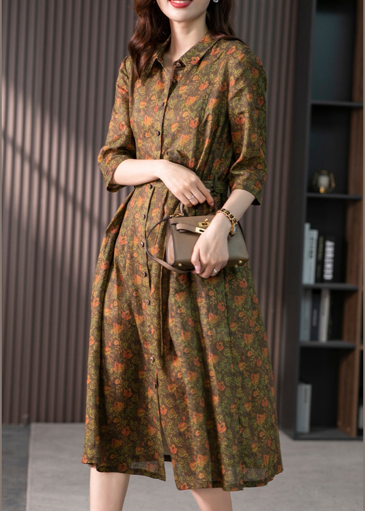 Retro Peter Pan Collar Print Button Slim Linen Maxi Dress Half Sleeve Ly1735