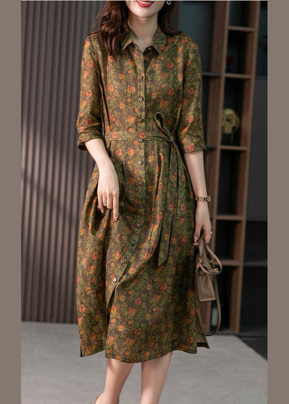 Retro Peter Pan Collar Print Button Slim Linen Maxi Dress Half Sleeve Ly1735