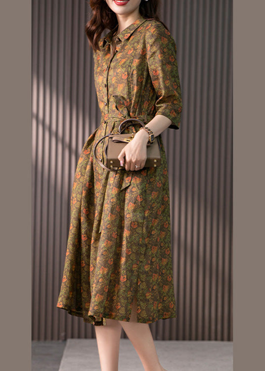 Retro Peter Pan Collar Print Button Slim Linen Maxi Dress Half Sleeve Ly1735
