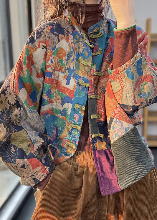 Retro Print Oriental Button Corduroy Fine Cotton Filled Coat Winter Ru040