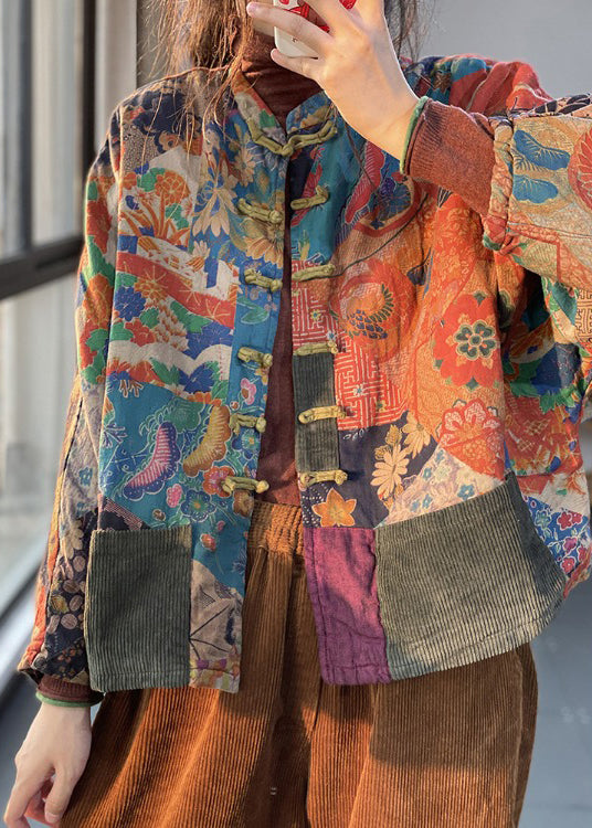 Retro Print Oriental Button Corduroy Fine Cotton Filled Coat Winter Ru040