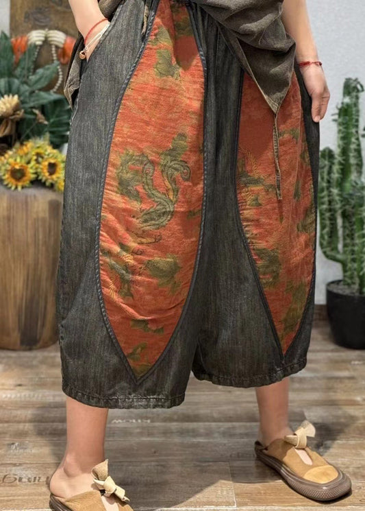 Retro Print Splicing Style Cotton Crop Pants Summer Bv082
