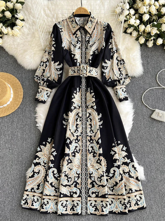 Retro Printed Party Dress Polo Collar Long Sleeve Long Dresses Spring Autumn French Single Breasted Shirt Dress