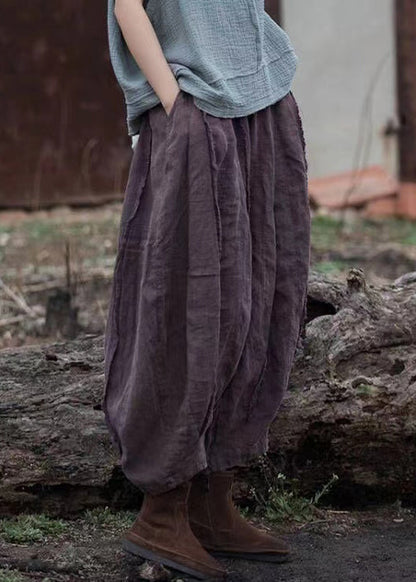 Retro Purple Pockets Elastic Waist Linen Crop Pants Summer Qe026