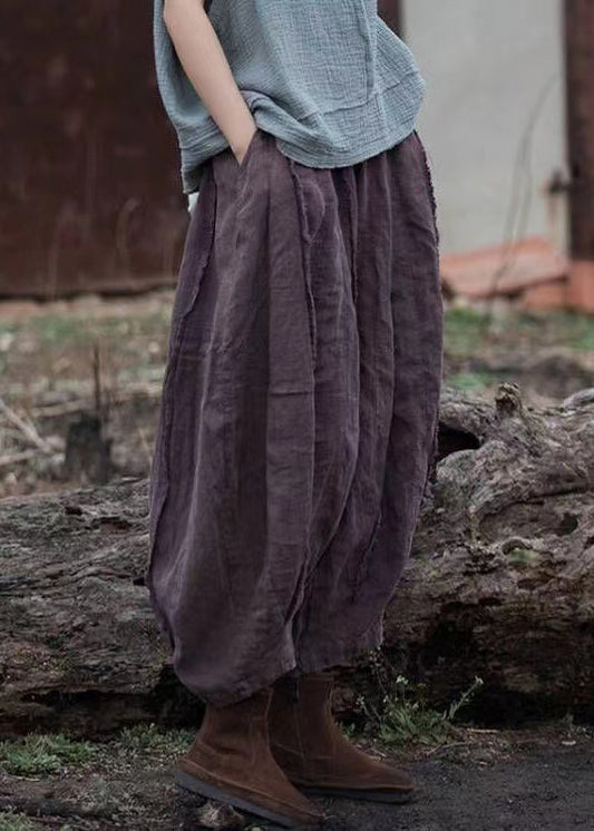 Retro Purple Pockets Elastic Waist Linen Crop Pants Summer Qe026