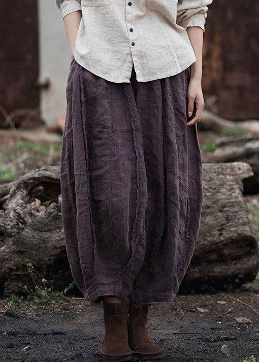 Retro Purple Pockets Elastic Waist Linen Crop Pants Summer Qe026