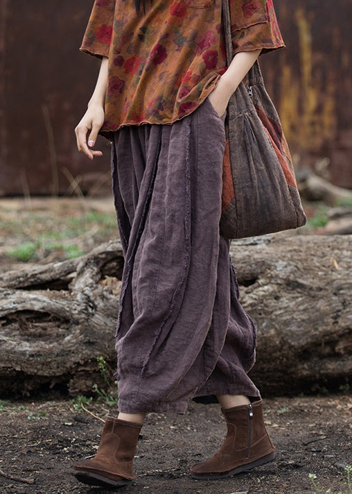 Retro Purple Pockets Elastic Waist Linen Crop Pants Summer Qe026