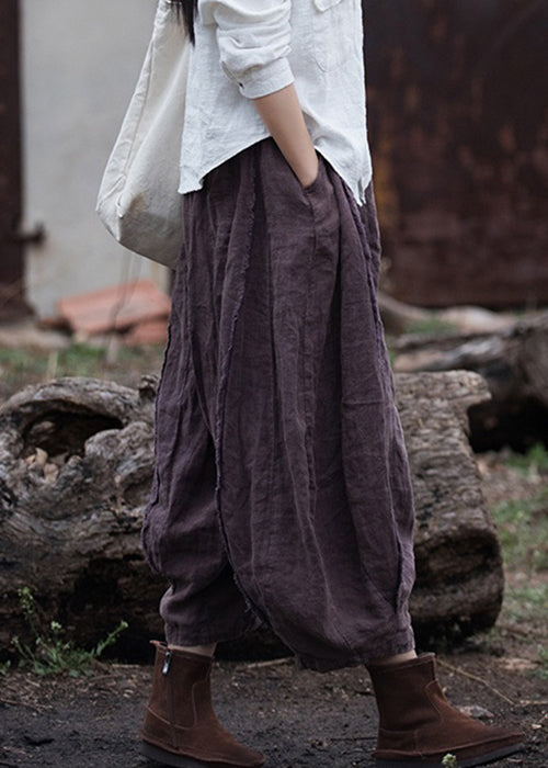 Retro Purple Pockets Elastic Waist Linen Crop Pants Summer Qe026