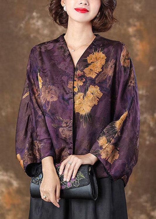 Retro Purple V Neck Print Patchwork Silk Coat Batwing Sleeveti1041