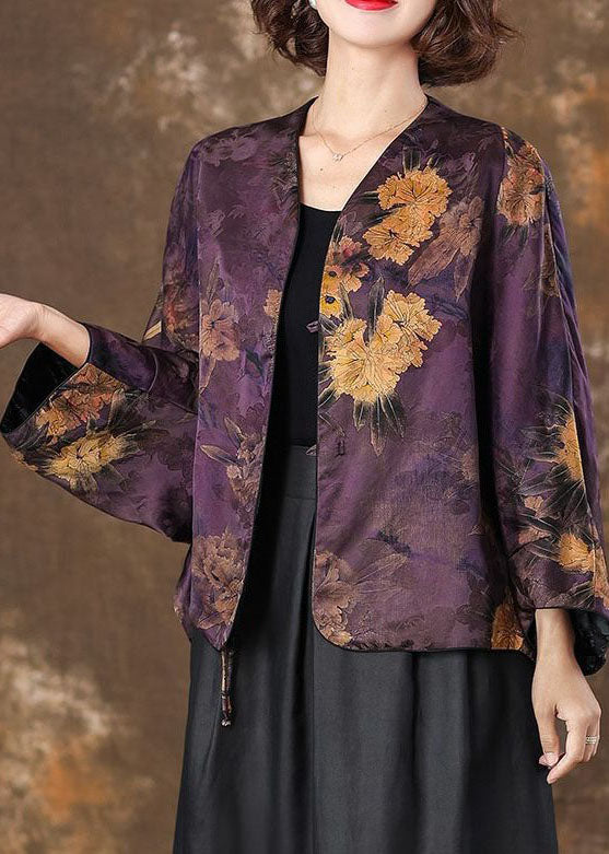 Retro Purple V Neck Print Patchwork Silk Coat Batwing Sleeveti1041