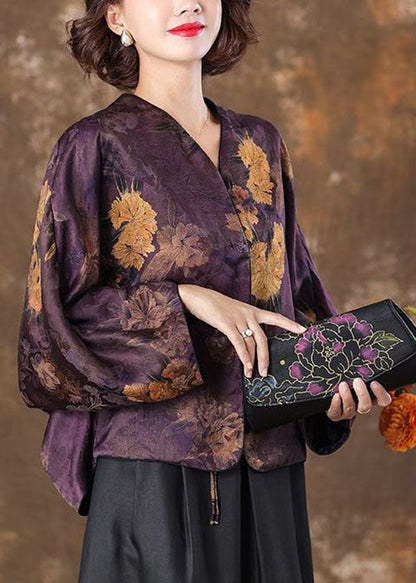 Retro Purple V Neck Print Patchwork Silk Coat Batwing Sleeveti1041