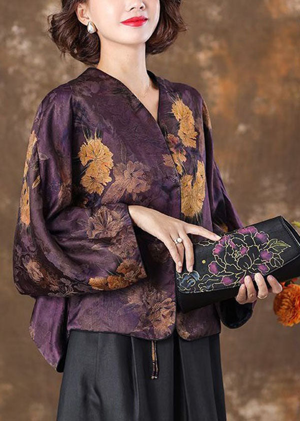 Retro Purple V Neck Print Patchwork Silk Coat Batwing Sleeveti1041