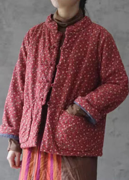 Retro Red Print Button Pockets Cotton Filled Coats Winter Qg029